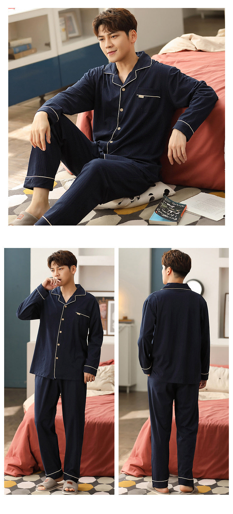 Home Wear Simple Solid Color Thin Knitted Cotton Long-sleeve Suit