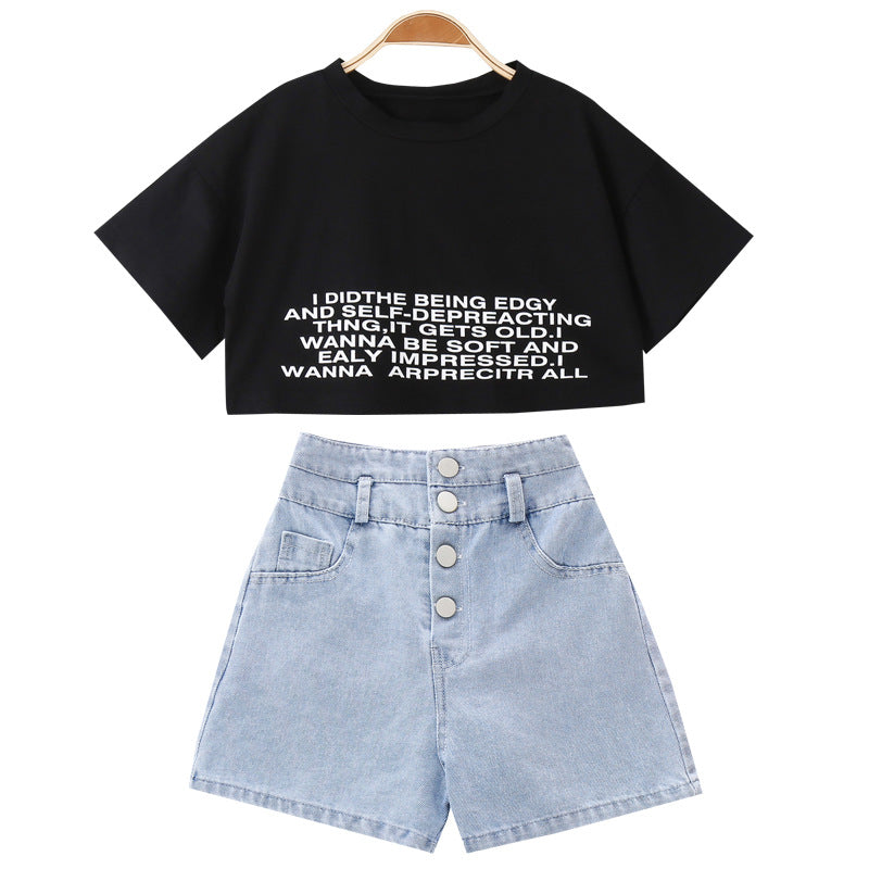 Girls' Round Neck T-shirt Denim Shorts Two-piece Set