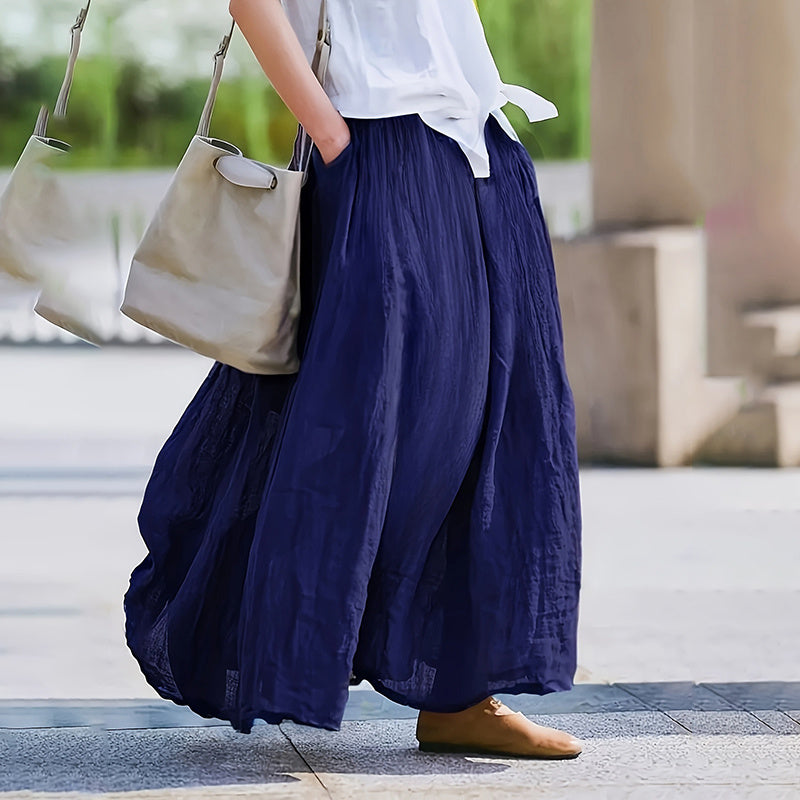 Women Bohemian Beach A-Line Dress Elastic Waist Flowy Long Maxi Skirt With Pockets