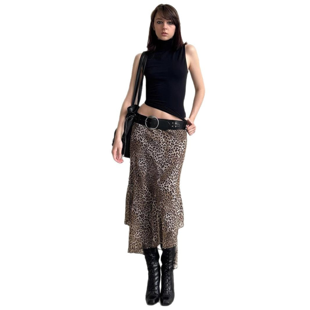High-waisted Leopard Print Irregular Mesh Skirt