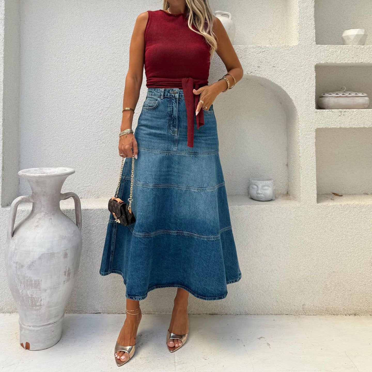 Womens Retro High-Waisted Casual Denim Midi Skirt