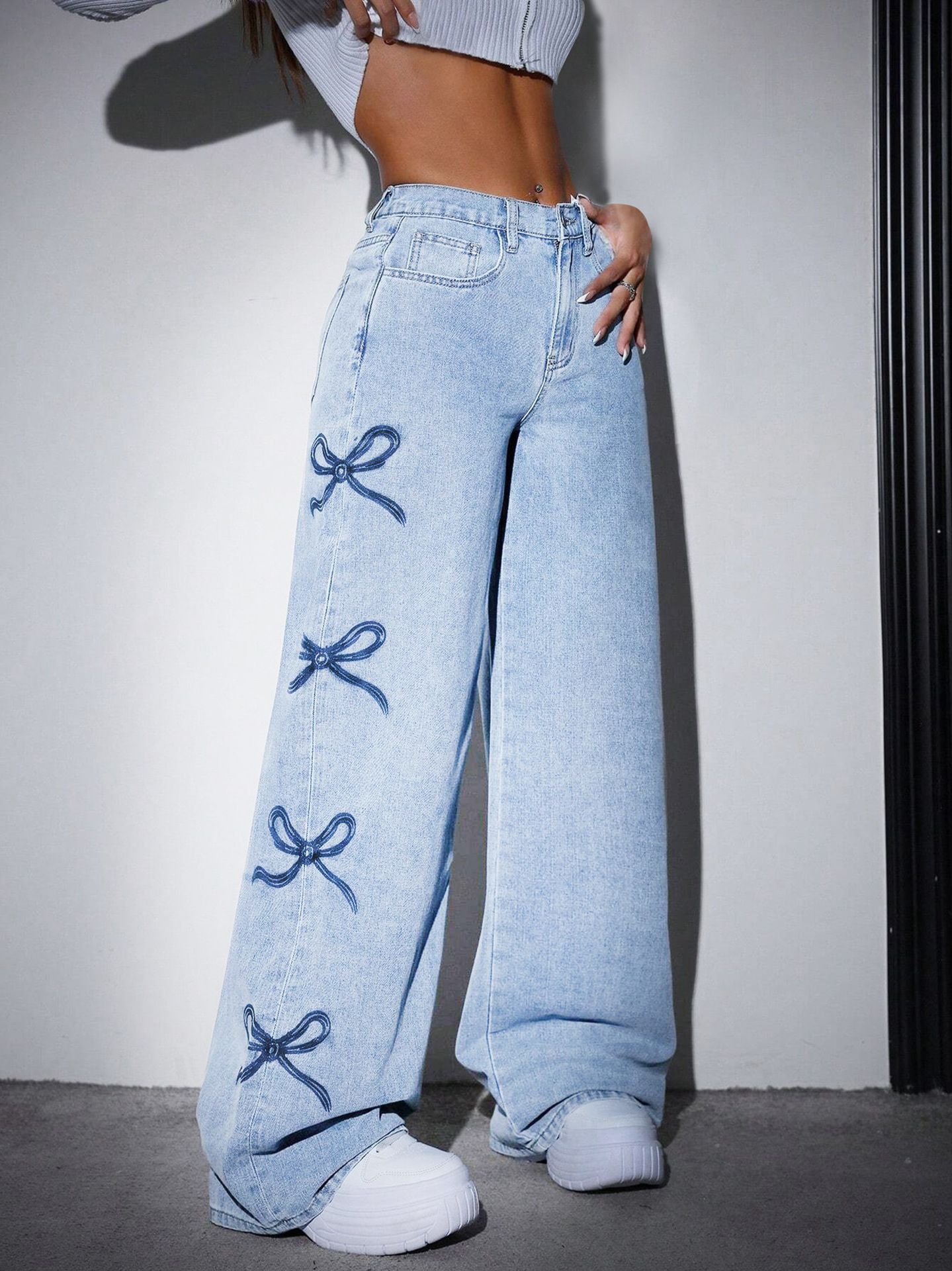 Printed Straight-leg Wide-leg Jeans