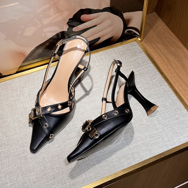 Mid Heel Toe Box Sandals Belt Buckle Cross Strap Stiletto Women