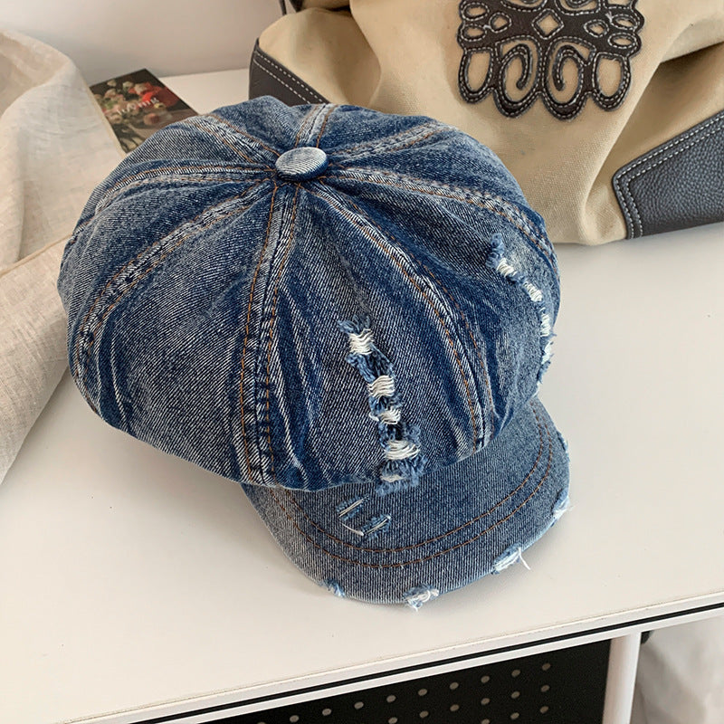 Retro Make Old Ripped Denim Beret Women