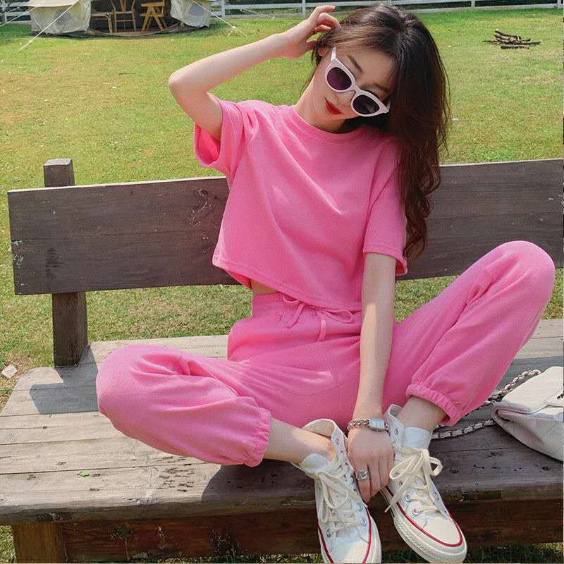 Korean Sweet Girl Sports Loose Slimming And Short T-shirt Ankle-length Pants Two-piece Set