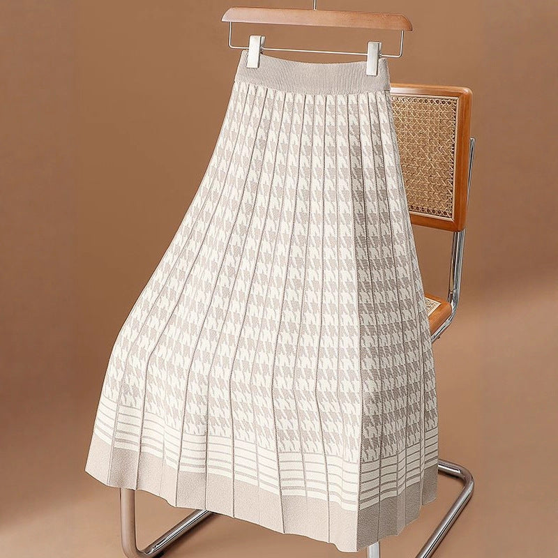 Houndstooth Knit Skirt For Women FallWinter High-Waisted