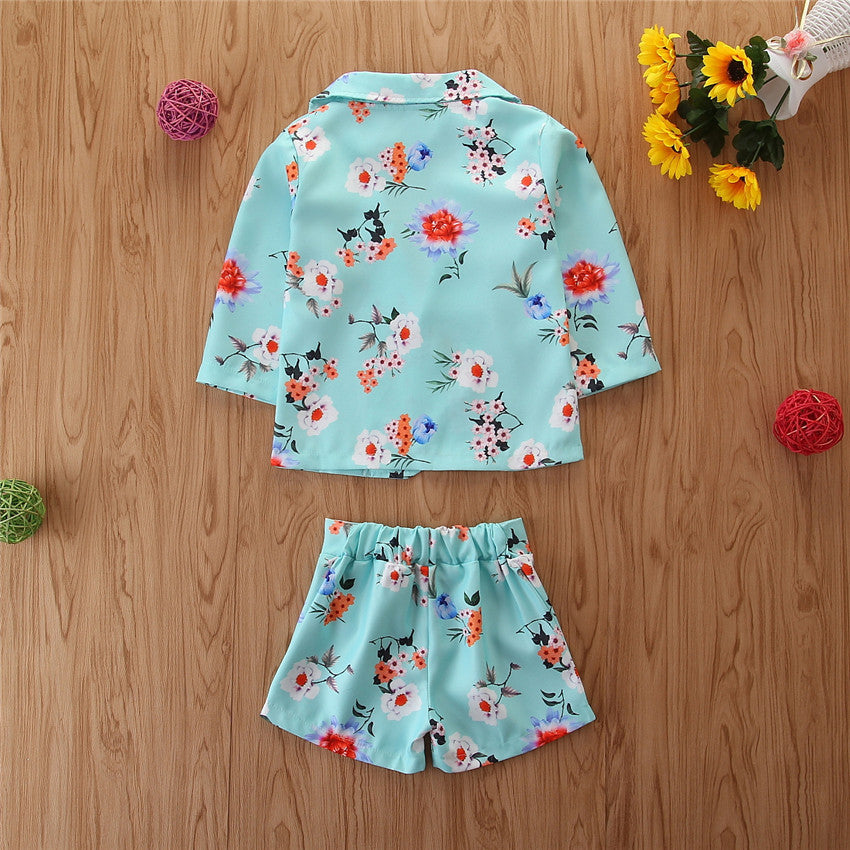 Girls Spring Western Style Suit Flower Suit Jacket And Shorts
