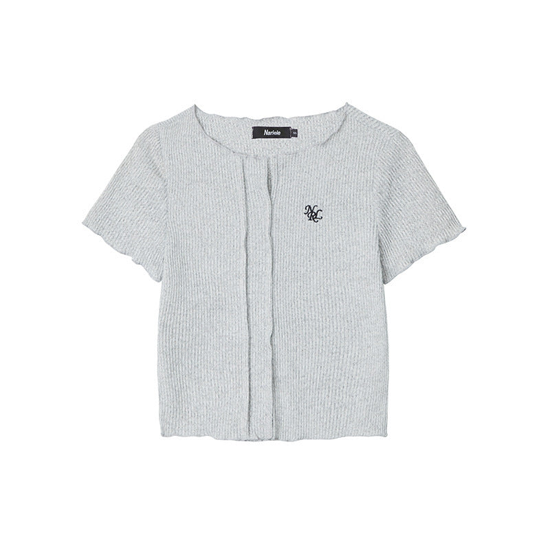 V-neck Hot Girl T-shirt Short Sleeve Solid Color Slim Fit Knit