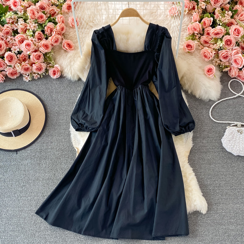 Colorblock Square Neck Puff Sleeve Midi Dress