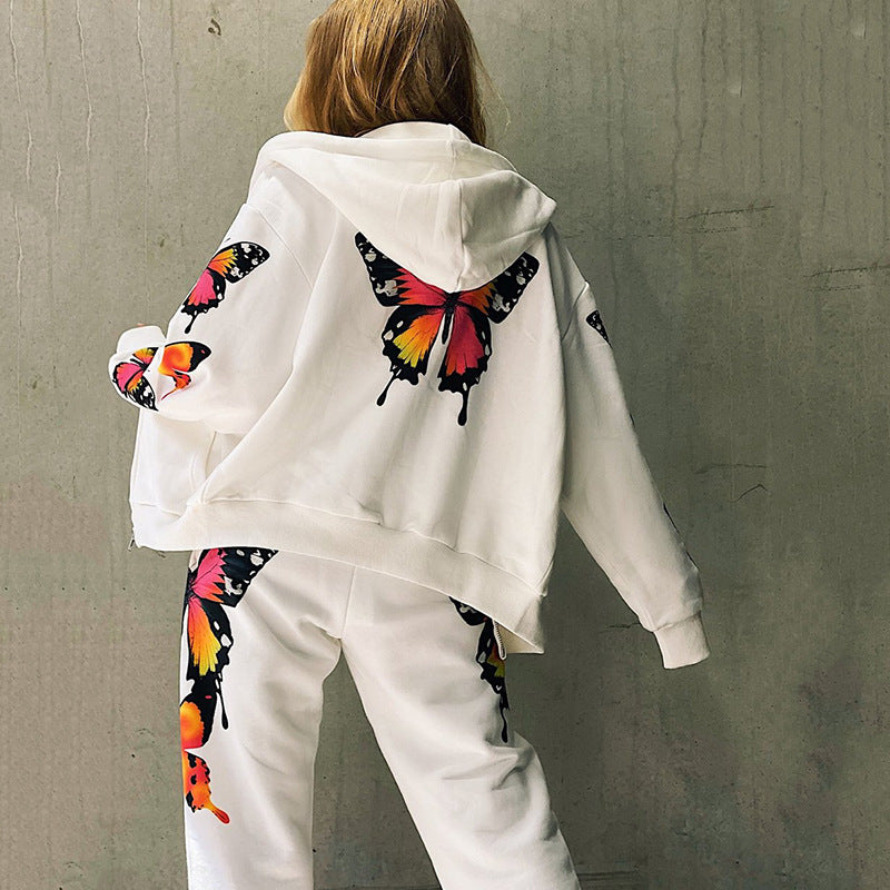 Butterfly Print Long-Sleeved Hooded Zipper Casual Sweater Suit