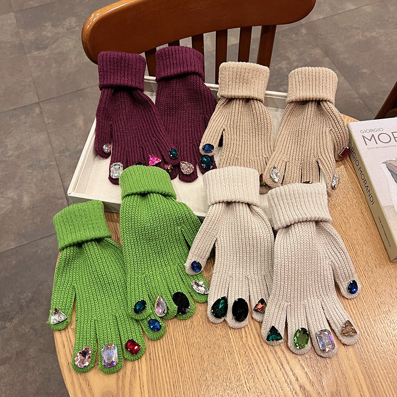 Rhinestone Touch Screen Open Finger Finger Knitted Gloves