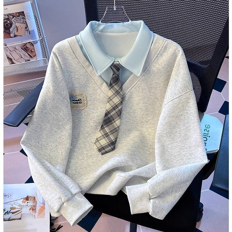 Fake Two-piece Tie Polo Collar Sweater For Women Spring And Autumn New Loose-fitting Non-hoodie