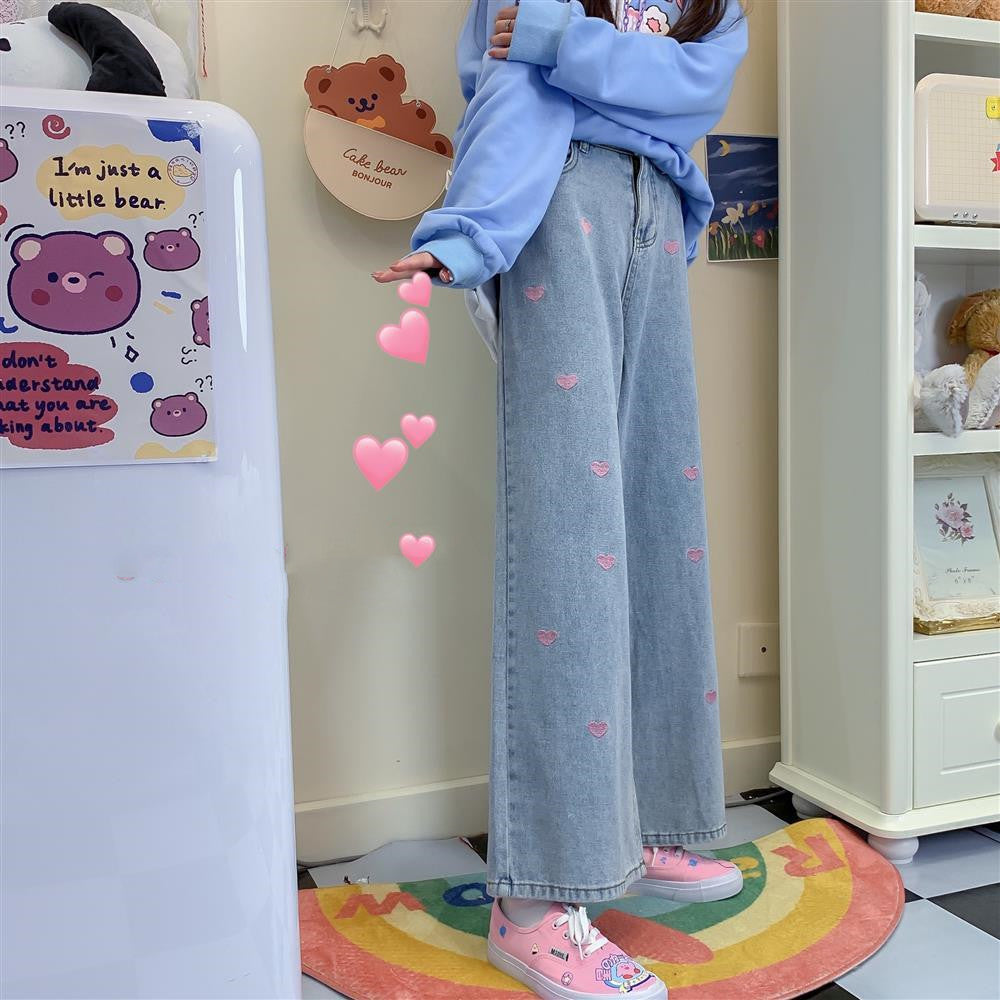 Heart Jeans Straight Leg Wide Pants Loose High Waist Slimming