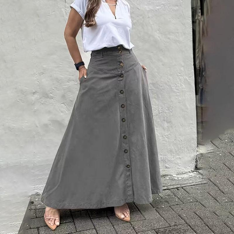 Women's Solid Color High-Waisted A-Line Skirt With Slit And Button Detail Flared Midi Skirt With Pockets For Spring & Fall