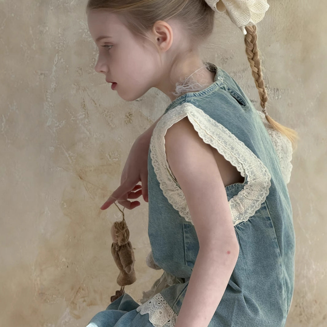 Girls' Lace Trim Denim Cropped Wide-leg Pants Sleeveless Vest Two-piece Set
