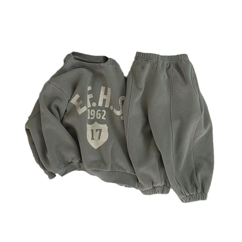 Boys And Girls Letter Printing Casual Fleece Sweater Two-piece Set