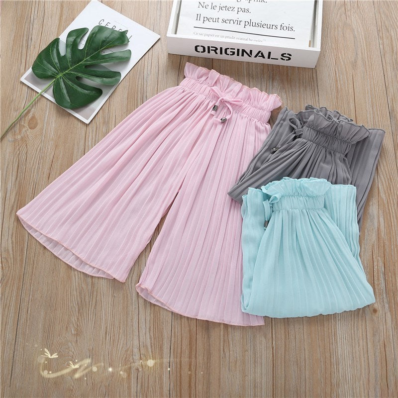 Girls Chiffon Wide Leg Pants Pleated Flying Sleeve Top Set