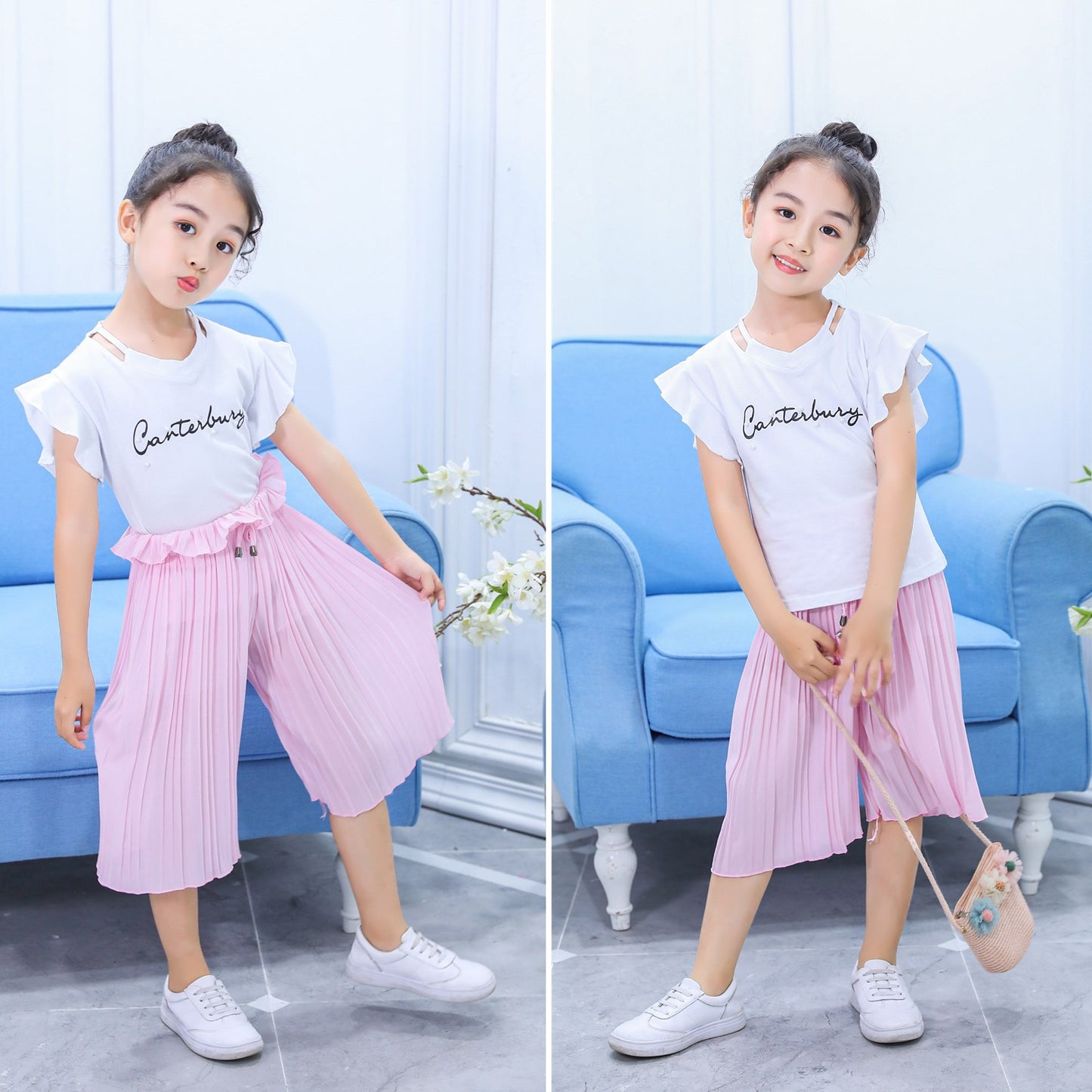 Girls Chiffon Wide Leg Pants Pleated Flying Sleeve Top Set