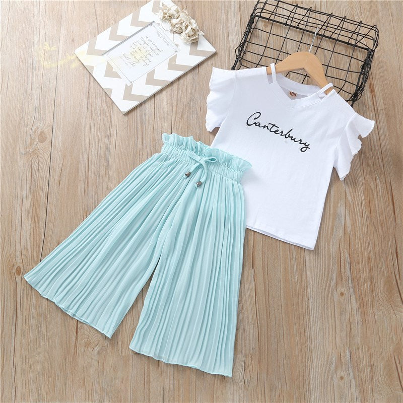 Girls Chiffon Wide Leg Pants Pleated Flying Sleeve Top Set