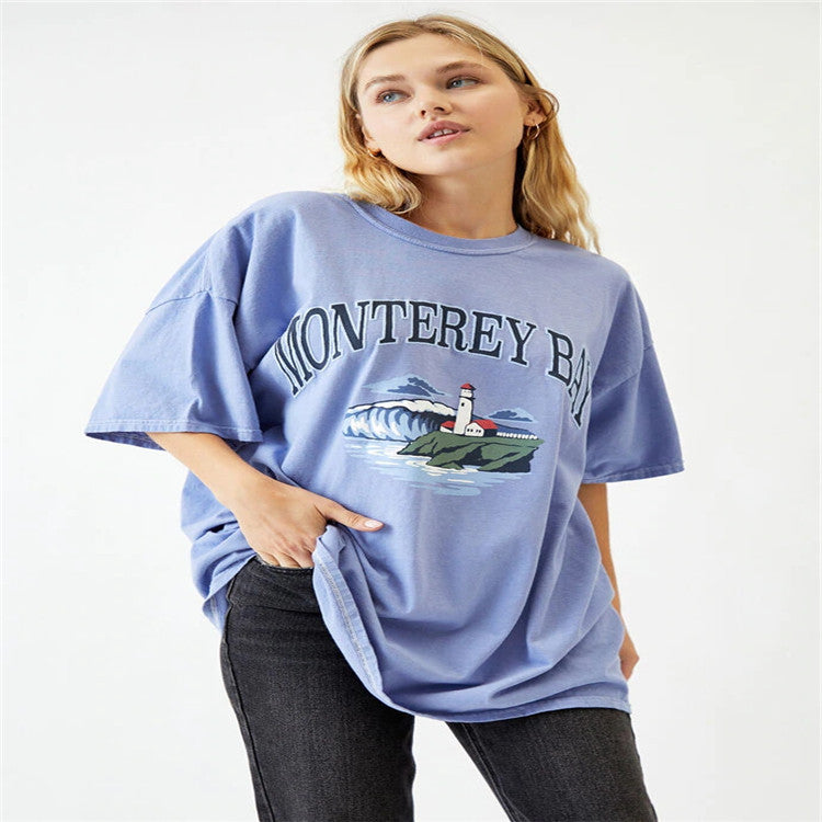 Ladies Short Sleeve Round Neck Pullover Loose Print T Shirt