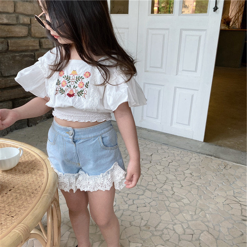 Summer New Girl's Shirt Embroidered Lace Shirt Short Jacket Foreign Trade Children's Clothing Is Issued On Behalf Of 3-8 Years Old Tide