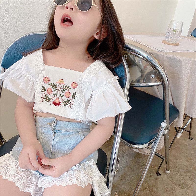 Summer New Girl's Shirt Embroidered Lace Shirt Short Jacket Foreign Trade Children's Clothing Is Issued On Behalf Of 3-8 Years Old Tide
