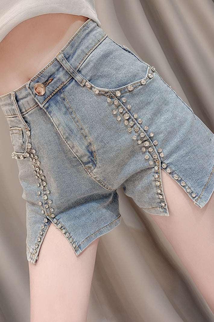 Summer Dress New Style Celebrity Heavy Industry Nail Bead Inlaid Diamond Slim Split Stretch Jeans Women''s Shorts