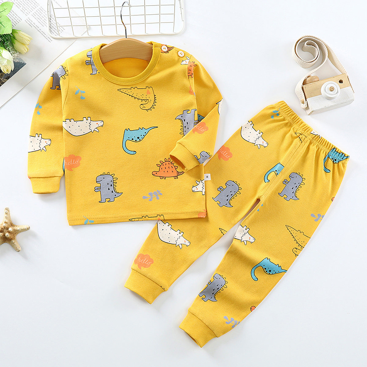 Children's Autumn Clothes Long-Sleeved Pants Suit 21 Spring New Long-Sleeved Children's Underwear Underwear Shoulder Buckle High-Neck Cotton Underwear Home