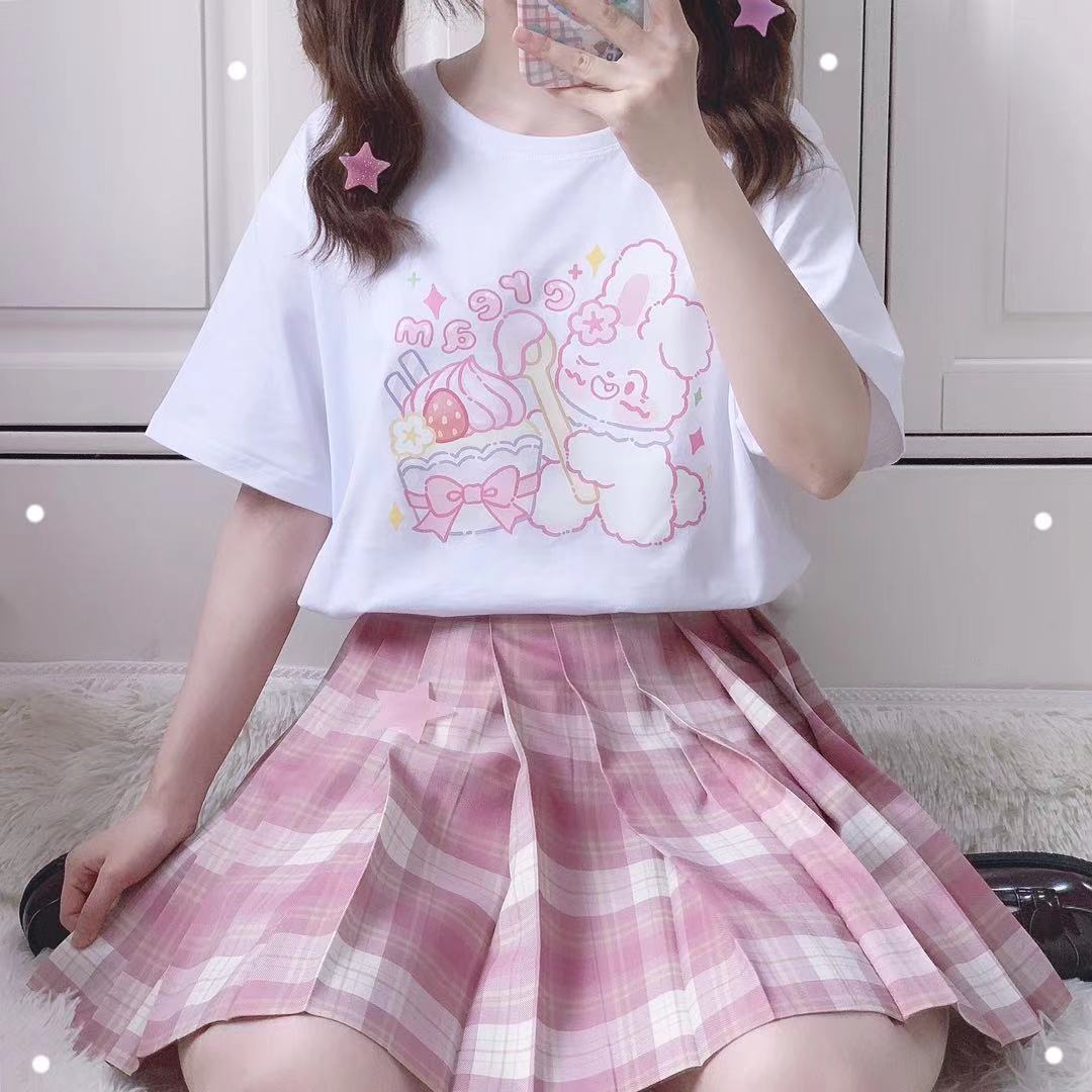 Cute Short-Sleeved Female Student Girl Rabbit Cartoon Print Soft Sister T-Shirt Female Loose