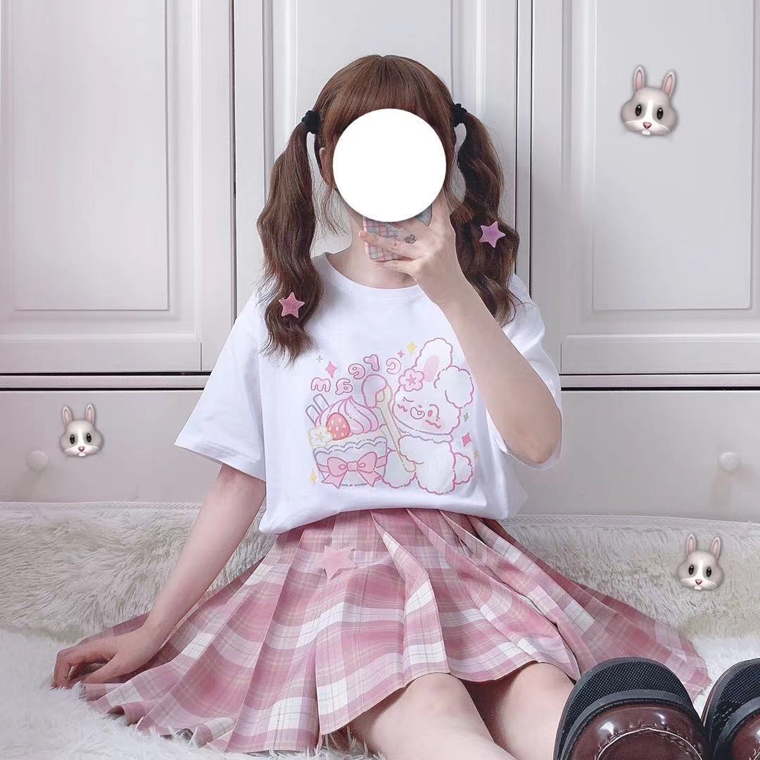 Cute Short-Sleeved Female Student Girl Rabbit Cartoon Print Soft Sister T-Shirt Female Loose