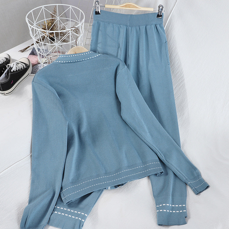 Knitted Suit Women Fashion V-neck Blouse Casual Pants Dotted Two-piece Suit