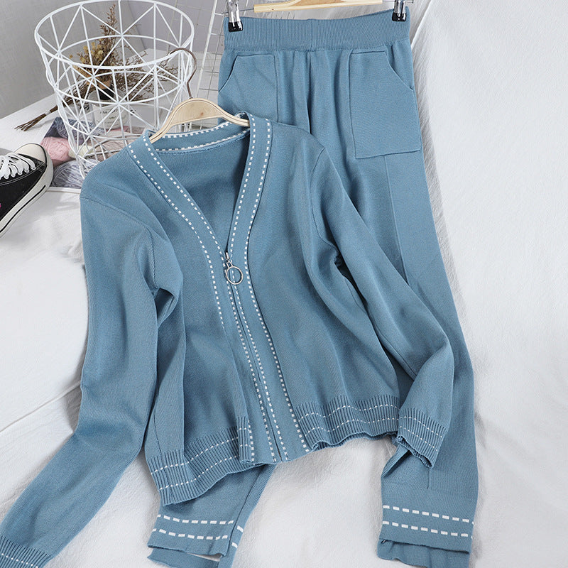 Knitted Suit Women Fashion V-neck Blouse Casual Pants Dotted Two-piece Suit
