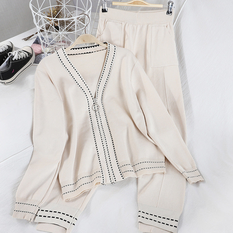 Knitted Suit Women Fashion V-neck Blouse Casual Pants Dotted Two-piece Suit