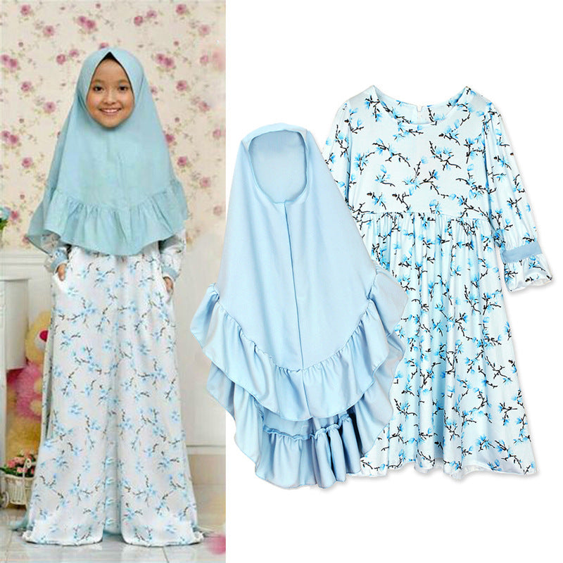 Girls Arab Clothing Spring And Autumn Models, Long-Sleeved Floral Muslim Long Dress And Turban Two-Piece Suit