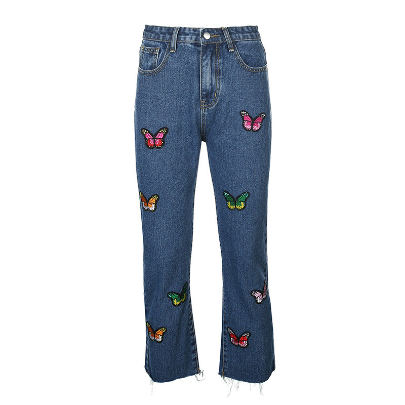 Butterfly Embroidery Straight Leg Cute Girl Denim Casual Pants Slim Trousers