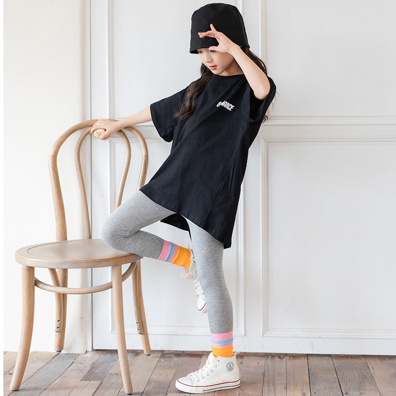 Girls' T-shirt Spring And Summer Korean Children's Clothing Alphabet Half-sleeved Short-sleeved Irregular Middle-aged Children's Net Red Tide Top