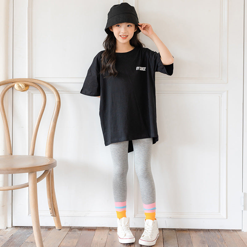 Girls' T-shirt Spring And Summer Korean Children's Clothing Alphabet Half-sleeved Short-sleeved Irregular Middle-aged Children's Net Red Tide Top