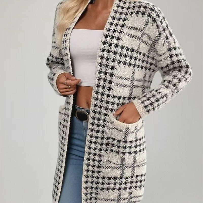 Women's Houndstooth Knitted Long Knitted Jacket