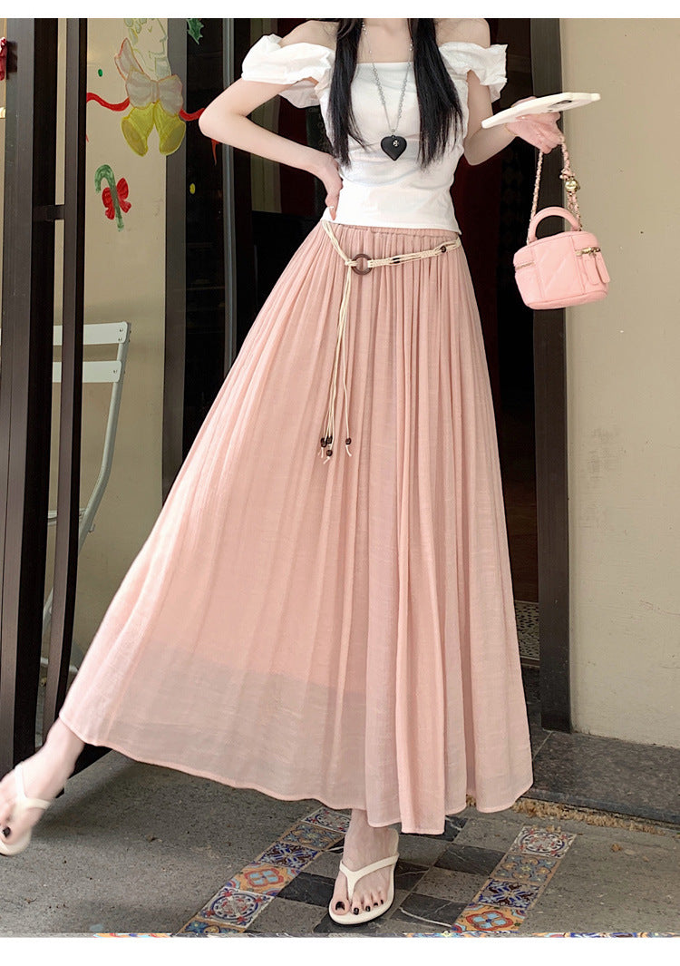 Vintage Belt Pleated Skirt Versatile Slimming High Waist A- Line