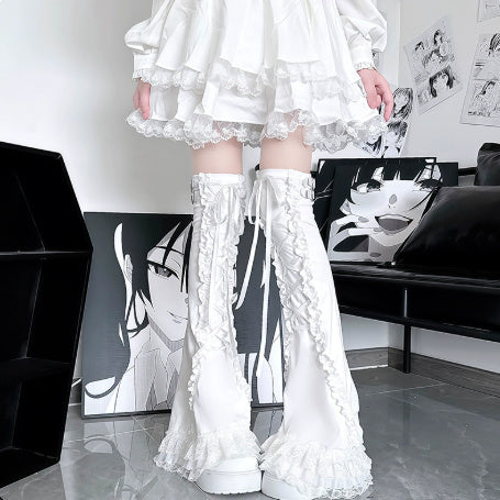 Cake Multi-layer Lace Ribbon All-match Leather Ring Knee Socks