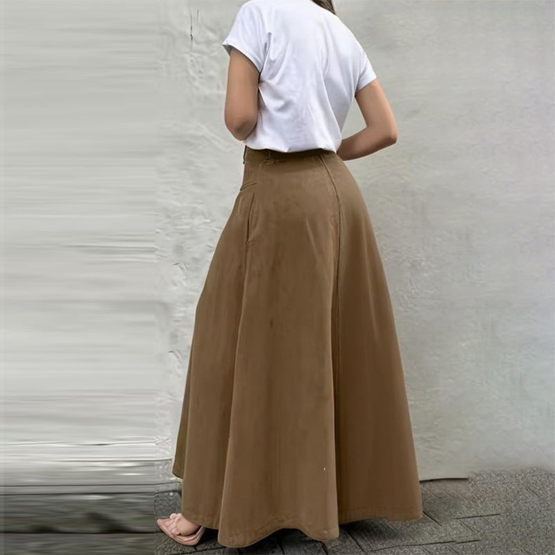 Women's Solid Color High-Waisted A-Line Skirt With Slit And Button Detail Flared Midi Skirt With Pockets For Spring & Fall