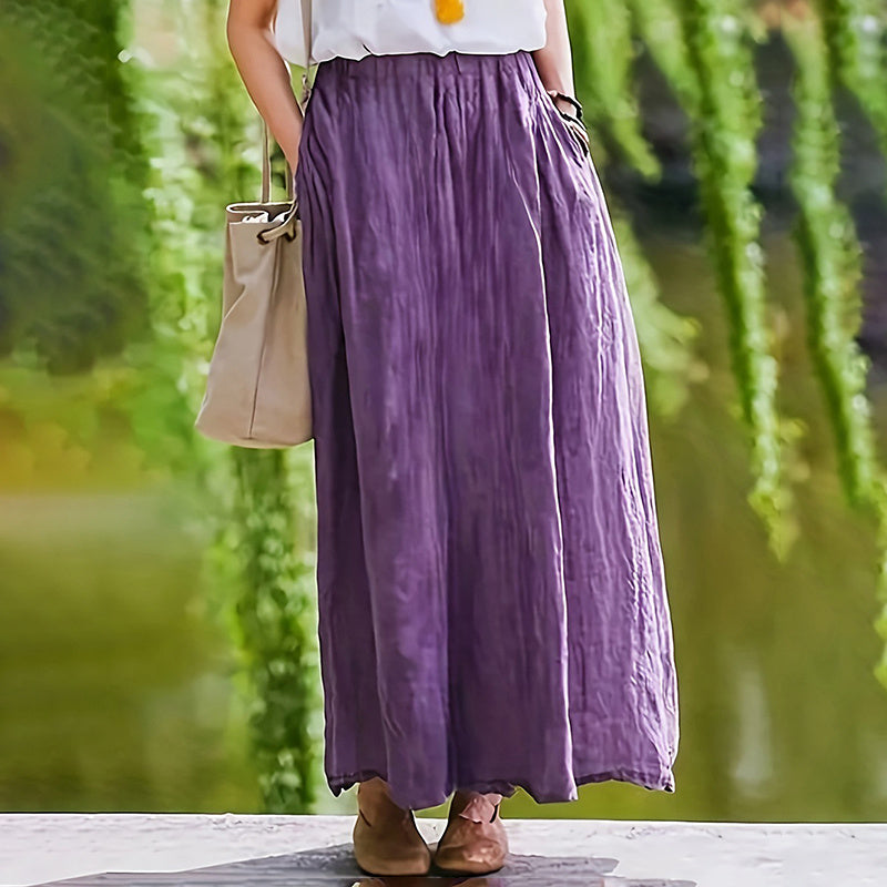 Women Bohemian Beach A-Line Dress Elastic Waist Flowy Long Maxi Skirt With Pockets