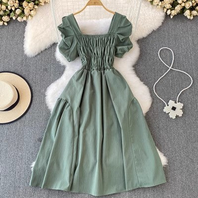 Bubblesleeve Squareneck Waistcinching Dress