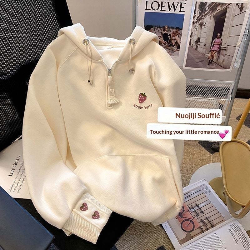 Girls' Pink Strawberry-Embroidered Hoodie New FallWinter Style