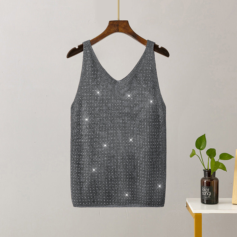 Ice Silk Knitted Bright Thread Diamond-encrusted V-neck Camisole