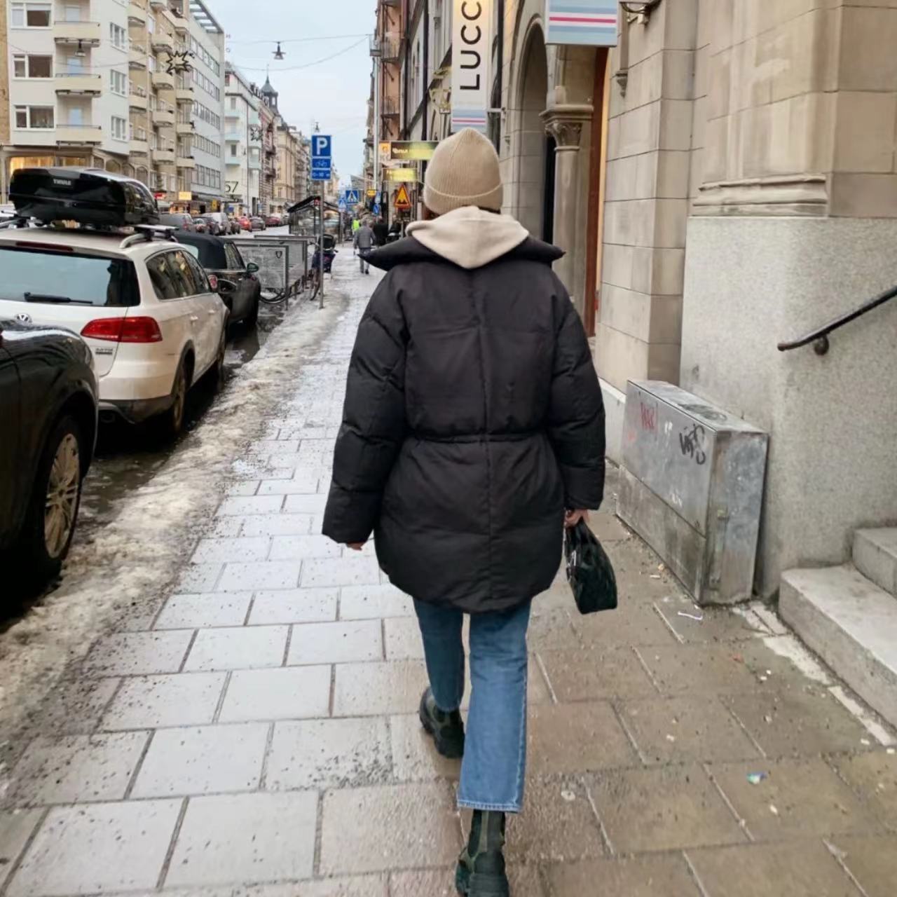 Drawstring Waist Stand Collar Women's New Warm Down Jacket Coat