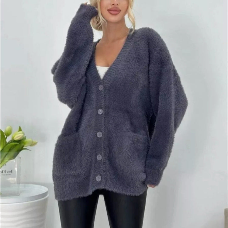 Women's Imitation Mink Pocket Knitted Cardigan For Autumn And Winter
