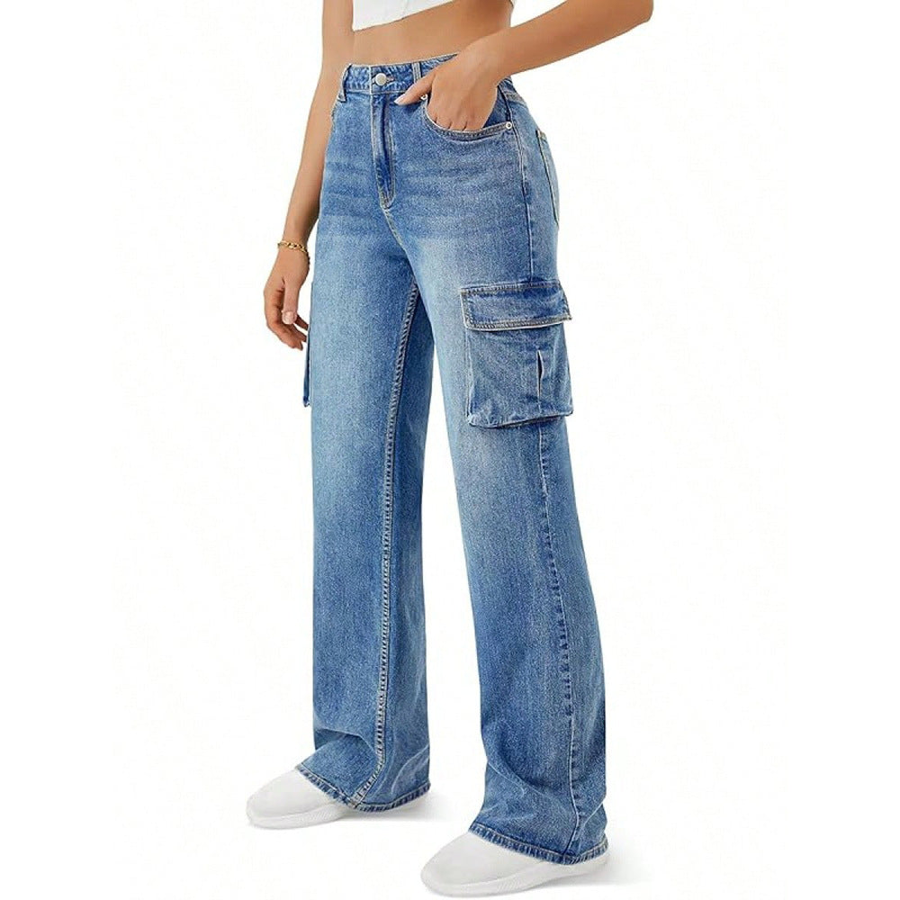 Stylish, Niche Design Straight-leg Denim Jeans With A Flap And Oversized Pockets