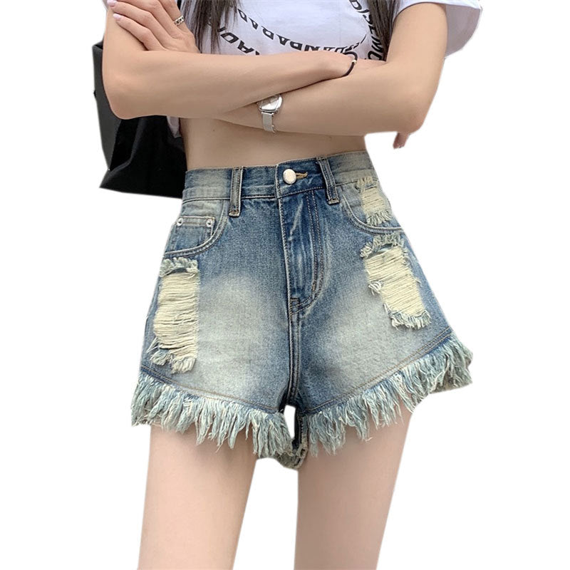 Retro Ripped Raw-Edge Denim Shorts For Women Lightweight And Loose-Fitting