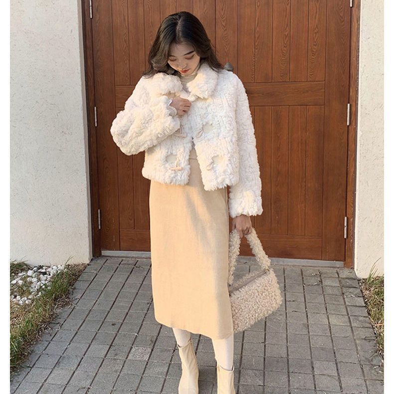 Lamb Fur Coat For Women Horn Button One-piece Loose